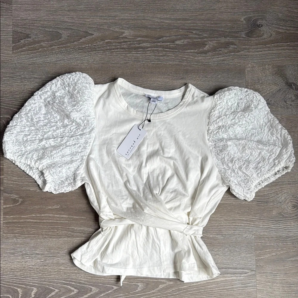 New Anthropologie current air contrast puff sleeves tie top white Medium